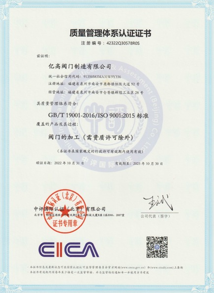亿高阀门制造有限公司ISO9001质量管理体系认证证书通过审核